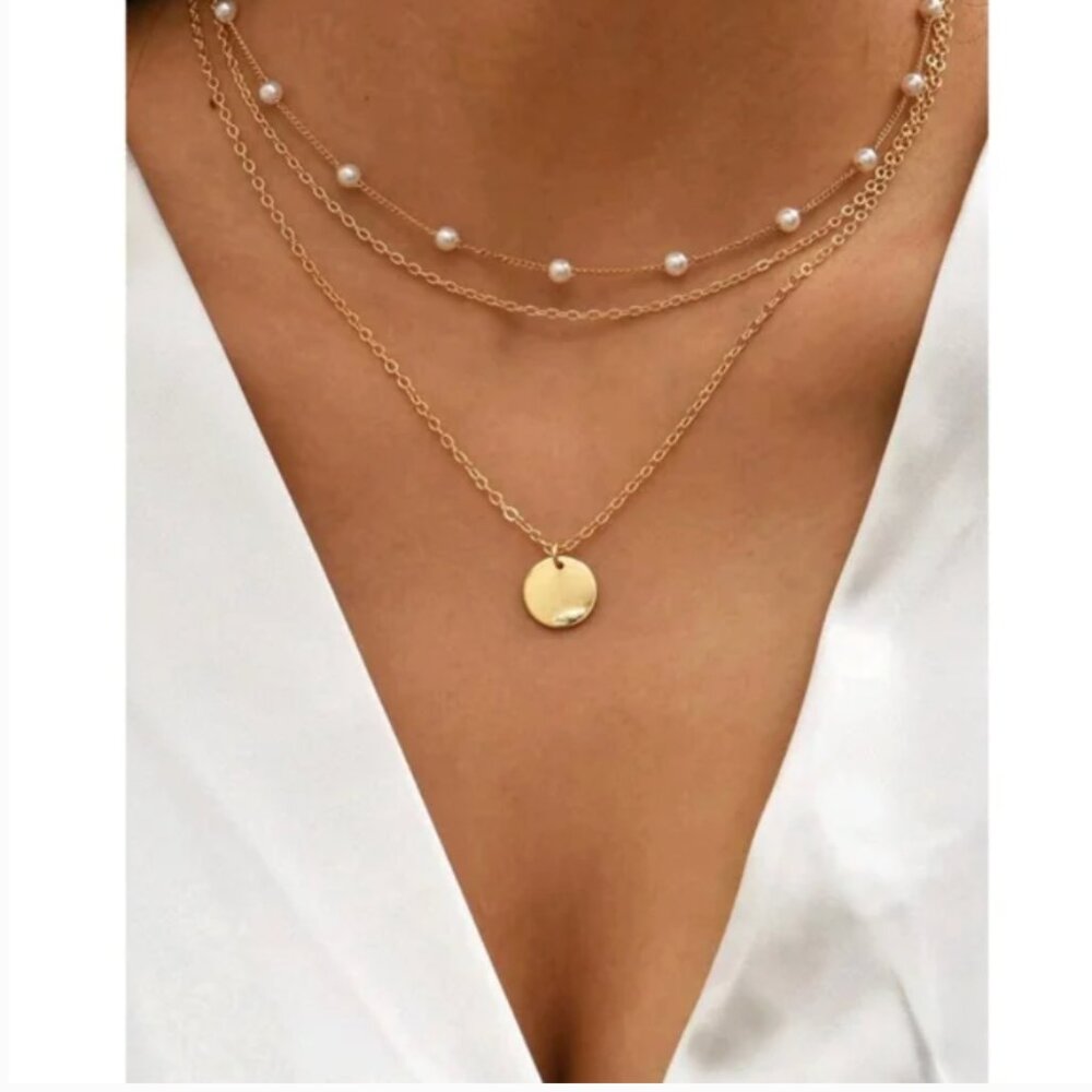 Anthropologie  Minimalist Pearl Gold Pendant Layered Necklaces